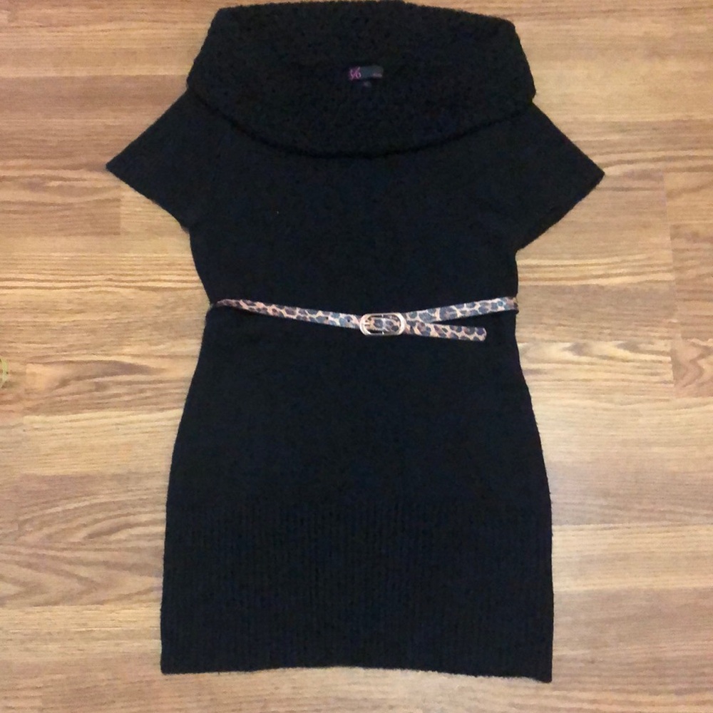 Black cowl neck tunic sweater dress with cheetah leopard belt size medium